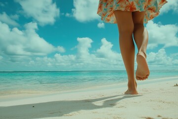 Gentle waves at the shore and soft sand create the perfect atmosphere for a relaxing summer beach stroll, where tranquility and natures beauty harmoniously invite everyone to enjoy