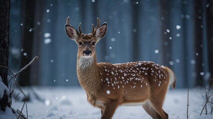 Young deer standing in a snowy forest, surrounded by falling snowflakes and tall trees