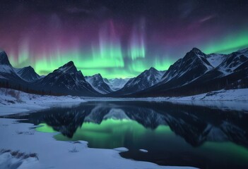 The polar night sky is illuminated by the aurora borealis as it shines on a frozen lake amidst a snowy mountain range, nature, shines