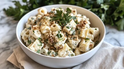 Perfectly creamy macaroni and cheese with parsley and breadcrumbs, served in a white bowl on a neutral linen napkin
