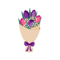 Delicate spring bouquet of tulips and gypsophila branches isolated on white background. Vector illustration