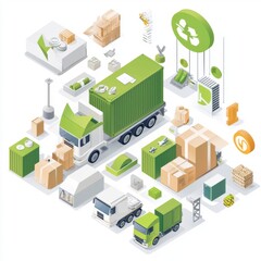 Obraz premium Colorful Logistics Concept with Truck, Shipping Containers, Packages, and Recycling Symbols in Flat Design Style