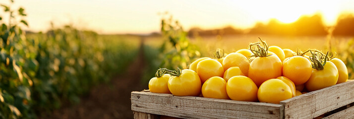 Harvesting ripe yellow tomatoes at sunset in a field