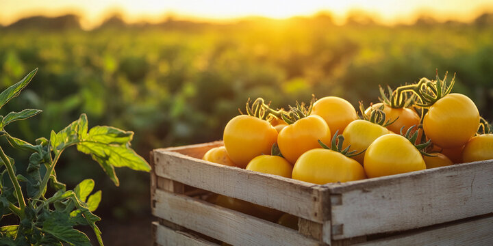 Freshly harvested yellow tomatoes in a sunny field