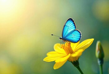 Fototapeta premium Tiny blue butterfly perches on a bright yellow daffodil, spring blooms, outdoor scene