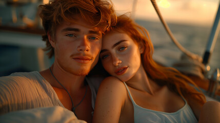 Young Couple on Yacht Sunset Romance, Golden Hour Love, Warm Ocean Light, Redhead Model.