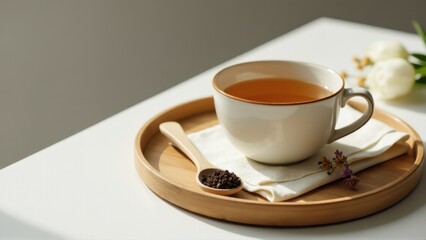 Fototapeta premium depicts a cozy scene centered around tea time. At the focal point is a white cup filled with a warm beverage, likely tea, placed on a wooden tray.