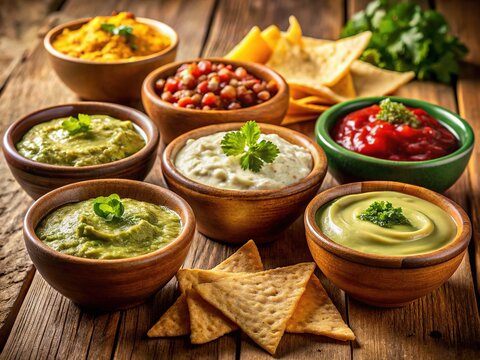Colorful dips&acirc;&euro;&rdquo;salsa, guacamole, and herbed cream&acirc;&euro;&rdquo;on a rustic platter.