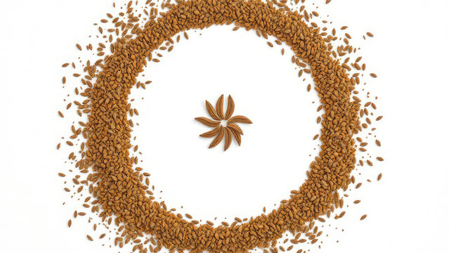 Top view of zira cumin jeera seeds arranged in a circle on white backdrop, round, design