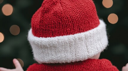 Toddler in Santa hat, Christmas lights background, winter holiday