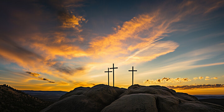 Three wooden crosses on Golgotha during Easter evening