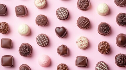 A Symphony of Hearts: A Delightful Collection of Exquisite Chocolate Hearts, Beautifully Displayed on a Pastel Pink Surface, Creating a Scene of Pure Romance and Sweet Indulgence