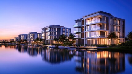 Twilight city view with modern apartments and serene reflections on a calm water body, representing urban elegance