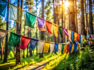 Colorful Buddhist Prayer Flags in Russian Forest - July 2017