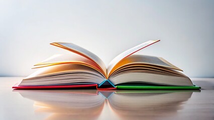 Blank book on a pristine white workspace; AI art.