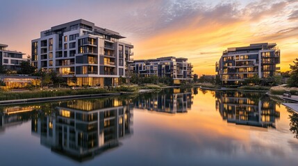 Fototapeta premium Twilight view of a modern cityscape with sleek apartment buildings reflecting on calm water, showcasing urban serenity