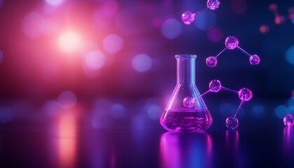 A vibrant lab scene featuring a flask filled with pink liquid, surrounded by molecular structures against a colorful, blurred background.