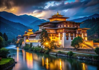 Obraz premium Ancient Punakha Dzong fortress glows under the night sky; breathtaking Himalayan scenery in low-light photography.