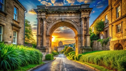 Obraz premium Ancient Roman archway, a historical landmark, captured in a deep-depth-of-field architectural photograph.