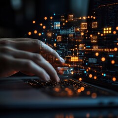 Hands on laptop with digital data visualization.