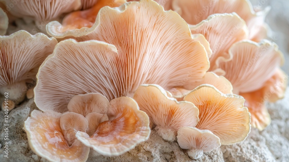 Poster mushrooms spread delicately across a textured surface, their soft peach and cream hues blending beau