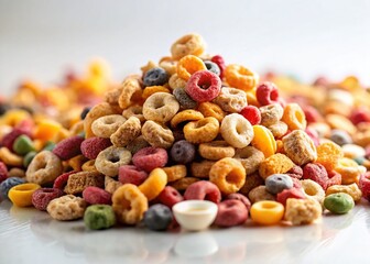 Colorful Cereal Pile, Breakfast Food, White Background Stock Photo