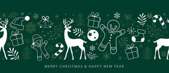 Merry Christmas and Happy New Year festive design with border made of beautiful Christmas ornaments in modern line art style. Elegant Green background with falling snow.