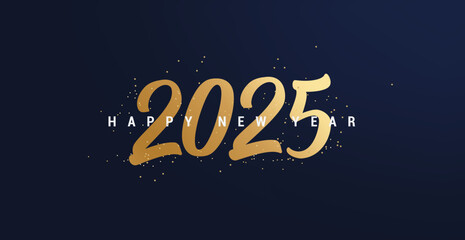 Happy New Year 2025 banner or header for website, greeting card or poster, or social media post. 2025 logo text design with handwritten gold numbers 2025 isolated on night deep blue background