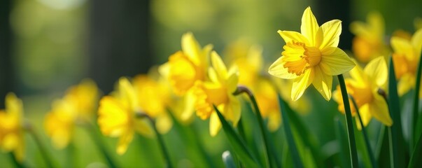 Fototapeta premium Colorful daffodils swaying gently in the wind amidst a bed of lush greenery, blooming flowers, flowers, tall daffodils