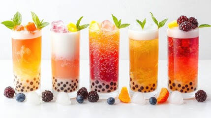 Colorful fruit bubble tea drinks on white background