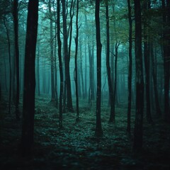 Fototapeta premium Mysterious foggy forest at twilight.