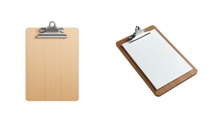 Two Wooden Clipboards with Metal Clips, One Empty and One with a Blank Paper, Isolated on Transparent and White Background