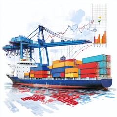 Fototapeta premium Cargo Ship with Shipping Containers and Graphs Depicting Trade Growth and Logistics Analysis