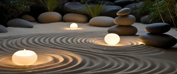  Soft closeup of a peaceful zen garden featuring smooth stones and raked sand inviting tranquility and mindfulness in daily life © RobinsonIcious