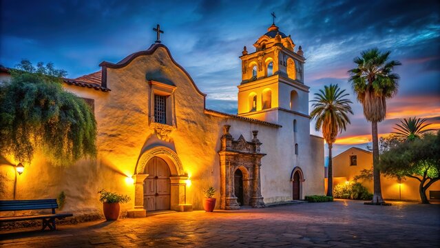 AI-generated, low-light shot of Mission San Javier, SF.
