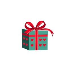 Fototapeta premium Green gift box with red heart patterns, wrapped with a bright red ribbon and bow, isolated on a white background, symbolizing love and Valentine's Day romance.