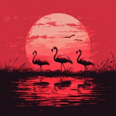 Naklejka premium Three flamingos by a reflective sunset water.