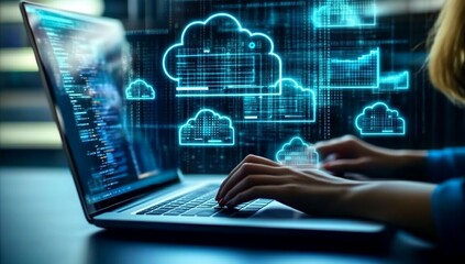 Woman using laptop with cloud computing data visualization.