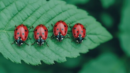 Fototapeta premium Four Ladybugs on a Green Leaf in Nature Close up Macro Photography of Insects