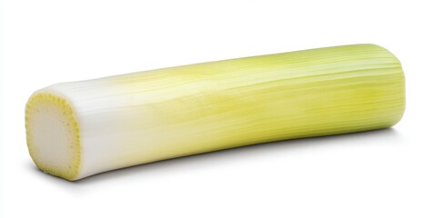 Close up view of a single leek stalk, sliced crosswise, displayed against a pure white background. The stalk exhibits a gradient of pale yellow green