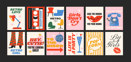 Naklejka premium Retro posters in the style of the 90s. Abstract wall decor, trendy banners. Vinyl records, disco ball, nostalgia. Bright cartoon cards in funky hippie doodle style