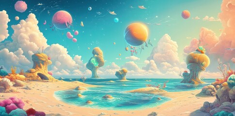 Surreal Seascape with Floating Celestial Bodies and Organic Forms