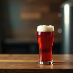 Red ale flows into a tall glass on a wooden surface with a brewery backdrop, rustic, table, brewery backdrop