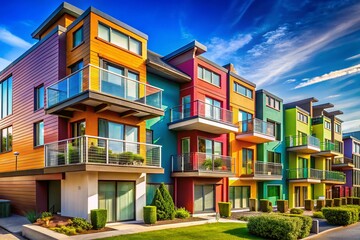 Obraz premium Colorful Modern Houses with Balconies, Vibrant Architectural Photography