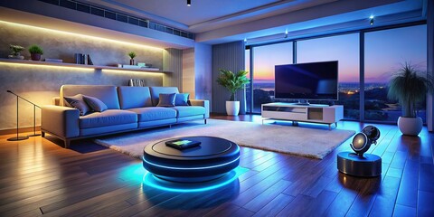 A futuristic robot vacuum cleans the modern living room floor efficiently.