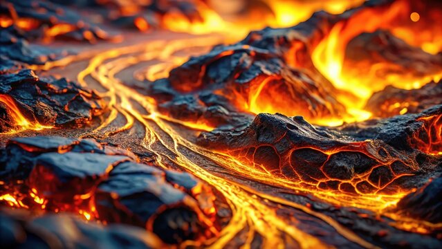 3D render:  Fiery molten metal channels.