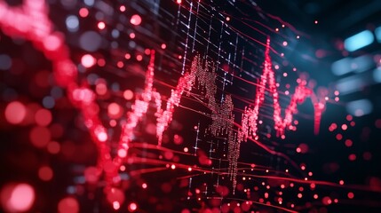 A vibrant visualization of a red waveform, representing data trends and digital signals, set against a dark, high-tech background.