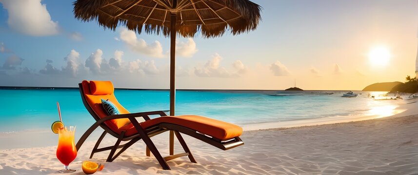 Refreshing cocktail with vibrant garnishes set beside a sun chair on a sun soaked Caribbean beach inviting relaxation and indulgence - Powered by Adobe
