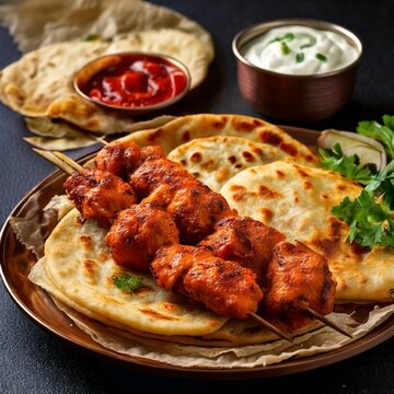 Chicken Tikka BBQ with skewers, flavorful sauce, and naan bread, cooked to perfection in a smoky barbecue setting.