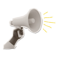 Halftone megaphone, loudspeaker in black hand. Advertising Afro-American speaker collage in retro style. Vector torn out sticker